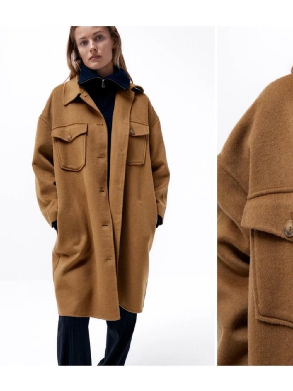 ZARA Oversized Wool Blend Camel Chore Coat Medium